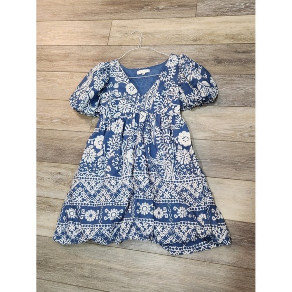 Caroline Constas Blue and White Floral Puff-Sleeve Mini Dress Size Medium